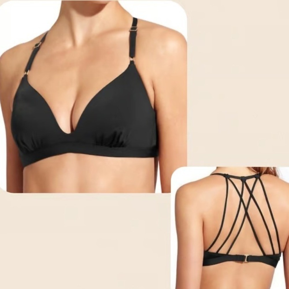 NEW Athleta $69 Large Aqualuxe Molded Black Strappy Macrame Back Swim Bikini Top